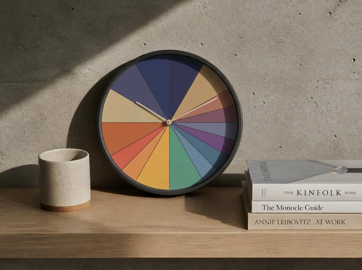 Perfect Day clock resting on an oak shelf against concrete
