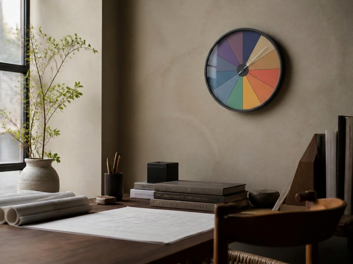 Perfect Day clock above a walnut desk in an architect studio